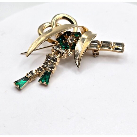 Vintage Signed Scitarelli Emerald Green Rhinestone Brooch GP Austrian Crystal - Picture 5 of 6